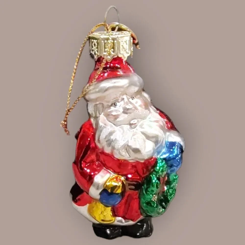Jolly Santa Blue Gloves Horn Christmas Wreath Ornament Blown Glass Pacconi 2002